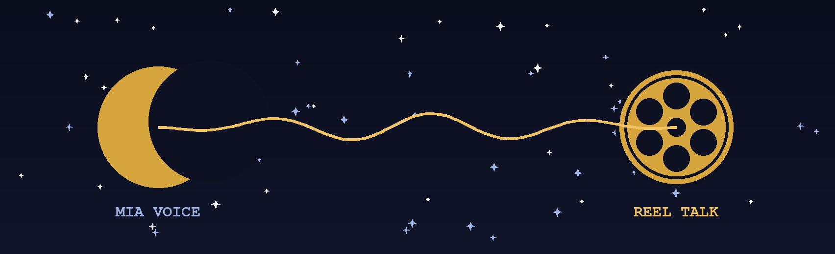 Uma lua crescente dourada (Mia Voice) e um carretel de filme dourado (Reel Talk) ligados por uma onda sonora, num céu noturno estrelado.